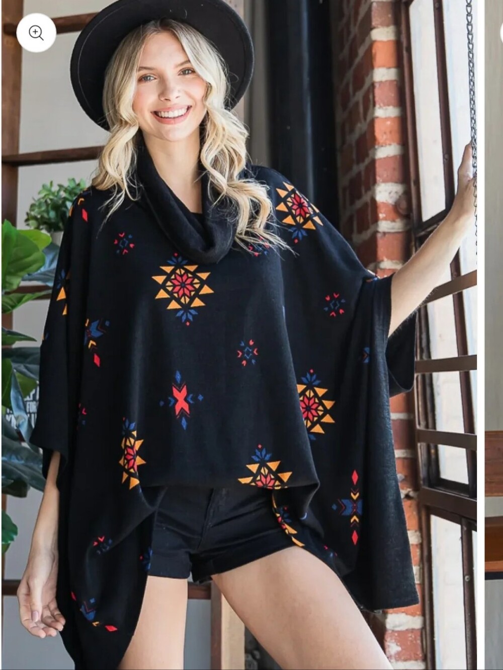 Black Cowl-Neck Poncho Sweater with Geometric Embroidery